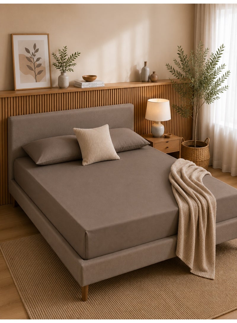 Home auraa 1-Piece Essential Microfiber Fitted Sheet Solid,Color:Taupe, Queen (160 x 200 + 30 cm),Design Soft Fabric Deep Pocket Elastic Edge Bed Linen - Image 1