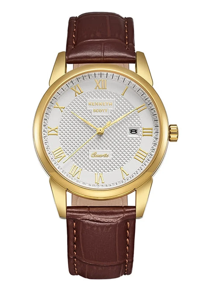 KENNETH SCOTT Kenneth Scott K23030-GLDI Men's Analog Display Watch & Leather Strap Brown