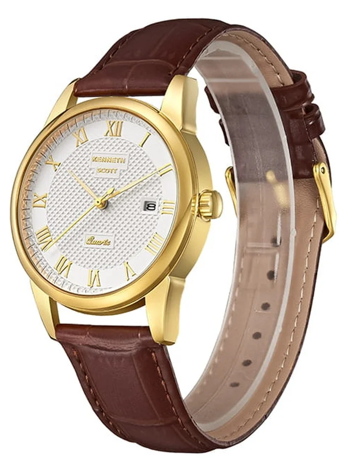 KENNETH SCOTT Kenneth Scott K23030-GLDI Men's Analog Display Watch & Leather Strap Brown