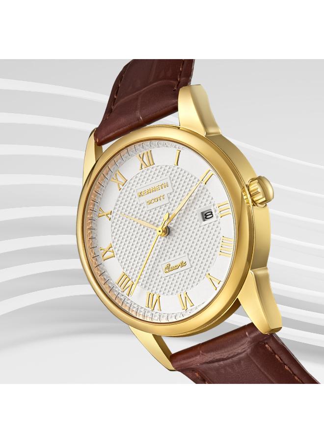 KENNETH SCOTT Kenneth Scott K23030-GLDI Men's Analog Display Watch & Leather Strap Brown  - Image 3