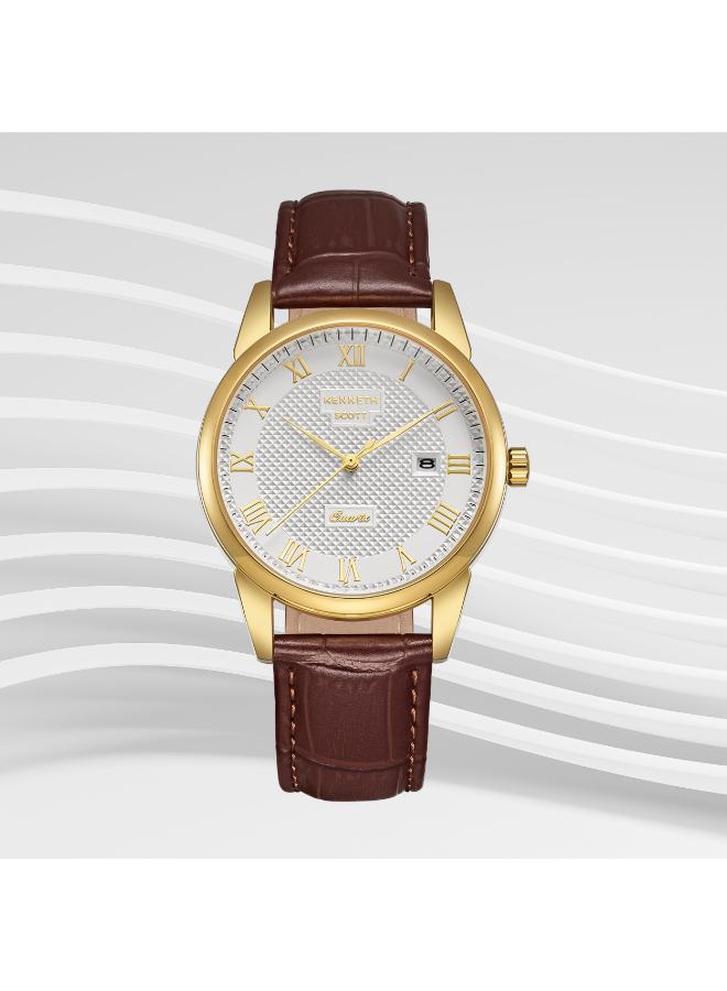 KENNETH SCOTT Kenneth Scott K23030-GLDI Men's Analog Display Watch & Leather Strap Brown  - Image 2