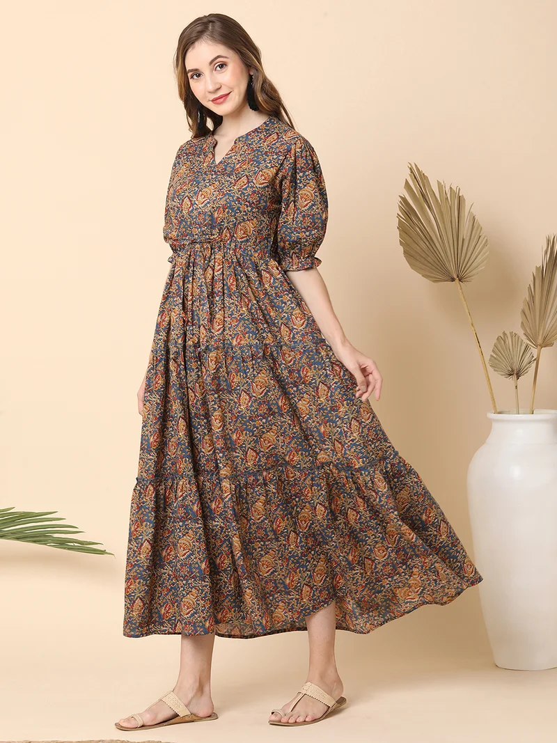 globus Globus Women Mandarin Collar Puff Sleeves All Over Ethnic Print Fit & Flare Maxi Dress