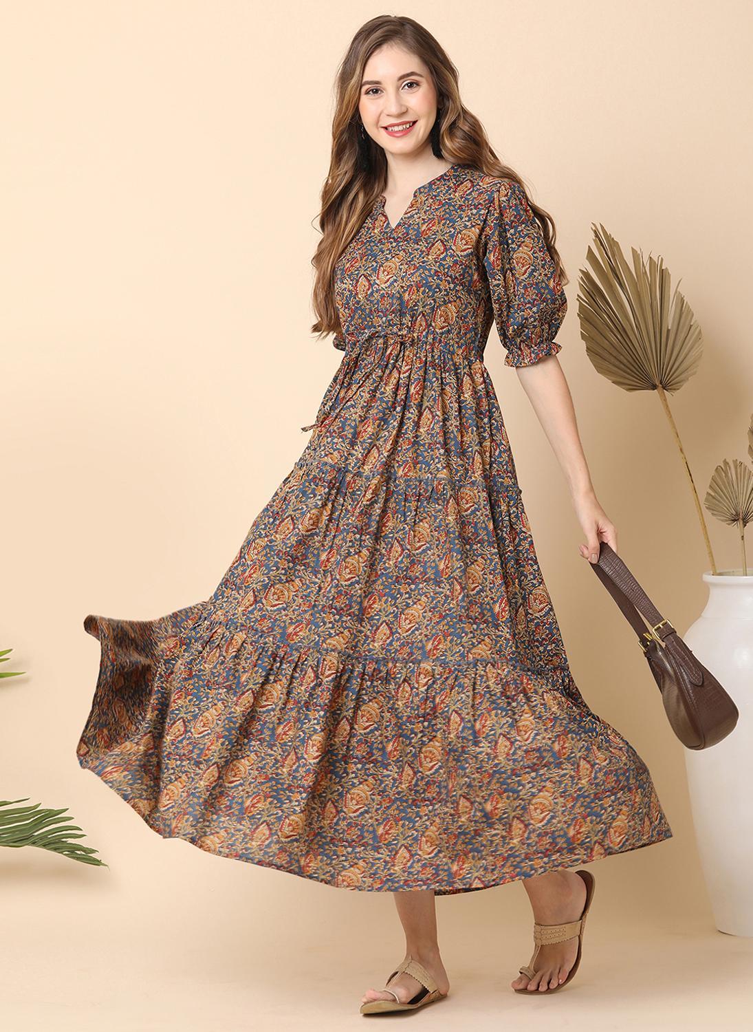 Globus Women's Blue Tropical Print Mandarin Collar Fit And Flare Maxi Dress
