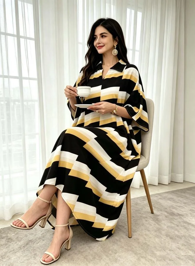 تايك تو Multi-Color Geometric Print Collared Neckline Kaftan