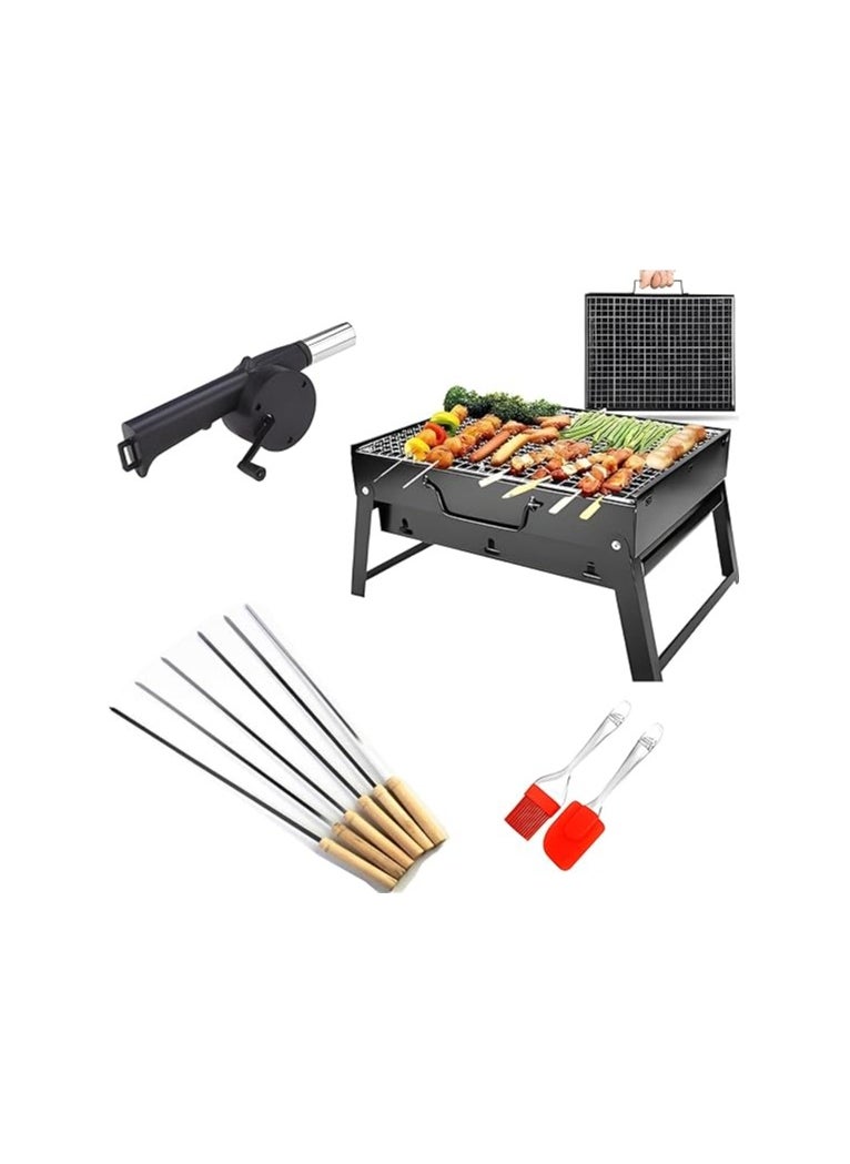 Generic Foldable Charcoal Barbeque Grill Set with 6 Skewers, 2 Spatulas & 1 Air Blower – Portable Outdoor Grilling Kit for Camping, Picnics & Travel  - Image 1