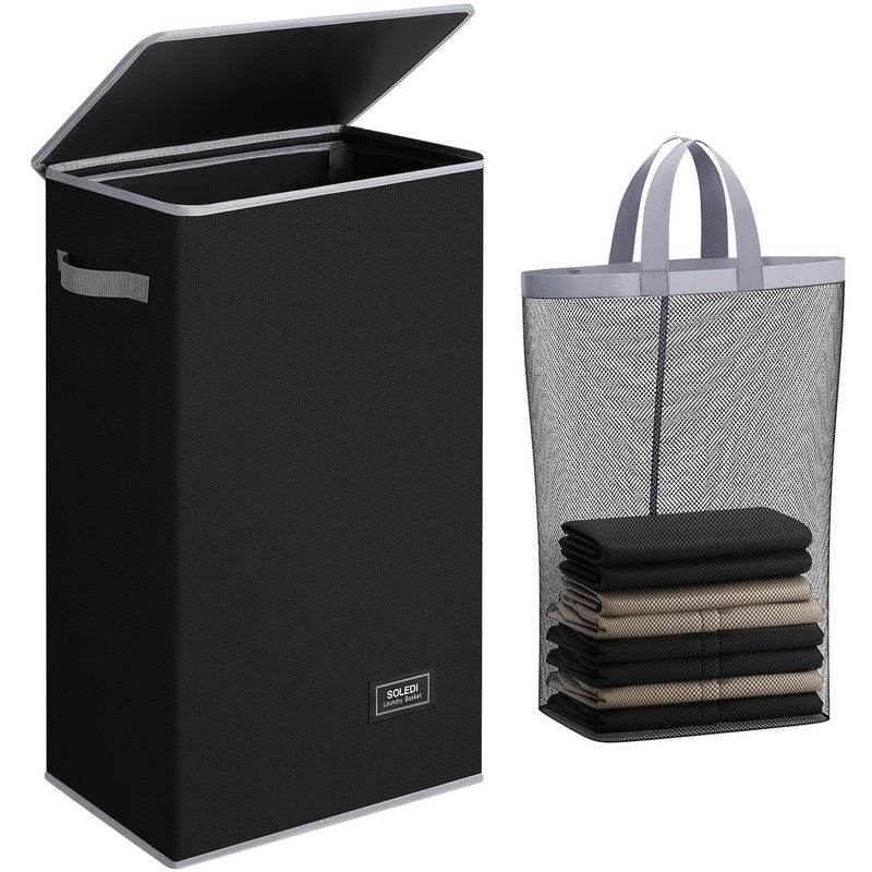 SOLEDI Slim Laundry Hamper with Lid, Narrow Laundry Basket with Removable Bags, Dirty Clothes Hamper with handle, Small Hamper perfect for Laundry room, Bathroom, Bedroom, Small spaces. 70L Black - Image 1