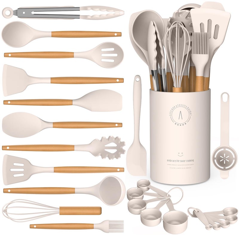 AVGPD Silicone Cooking Utensils Set - AVGPD Silicone Kitchen Utensils for Cooking Wooden Handles, 446Â°F Heat Resistant Kitchen Utensil Spatula Sets w Holder, Gadgets for Non-Stick Cookware BPA FREE (Khaki) - Image 1
