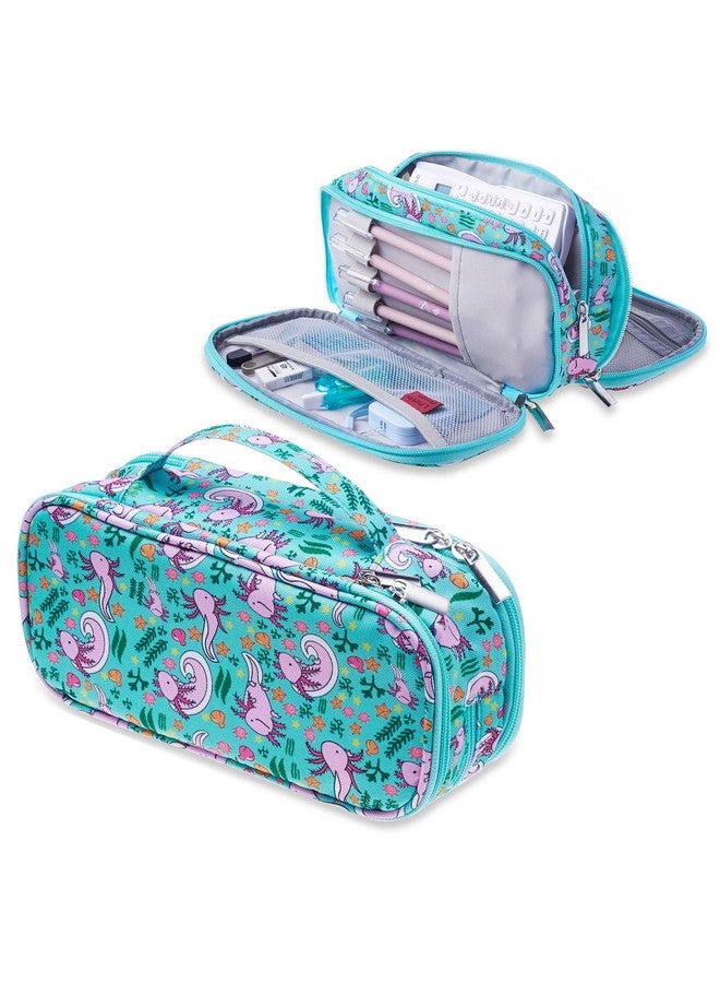 إل باركين Axolotl مقلمة سعة كبيرة للغاية 3 مقصورات قماش قلم رصاص صندوق Kawaii حقيبة ماكياج لطيف Axolotl هدايا للطلاب في سن المراهقة بنين بنات - Image 1