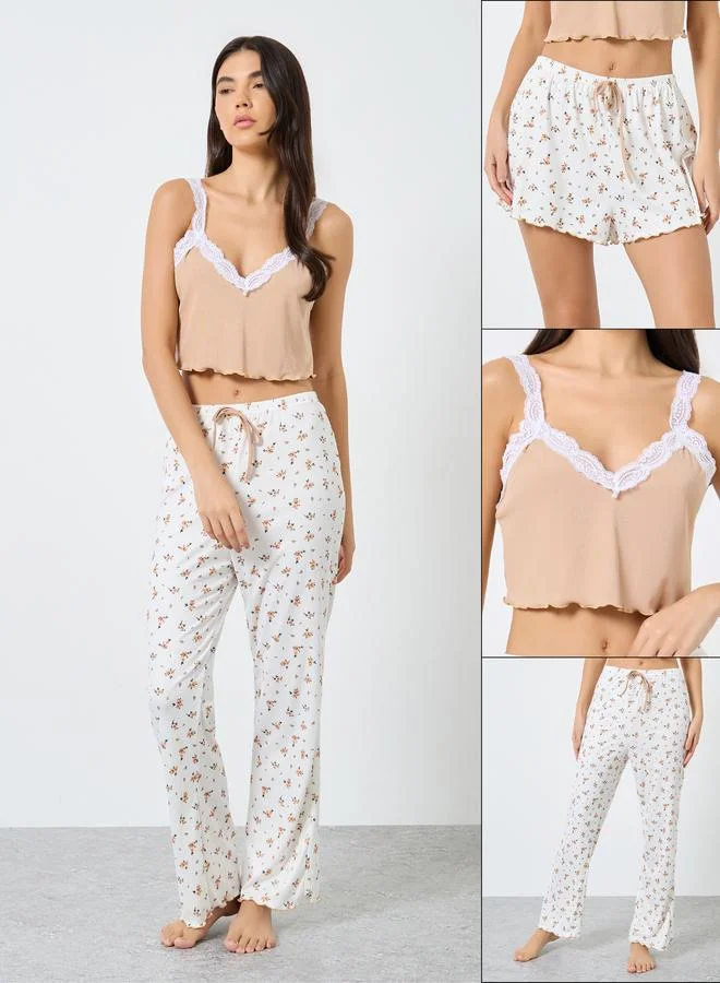 Take Two Take Two Pack of 3 - Lace Insert Crop Cami, Printed Shorts and Pyjama