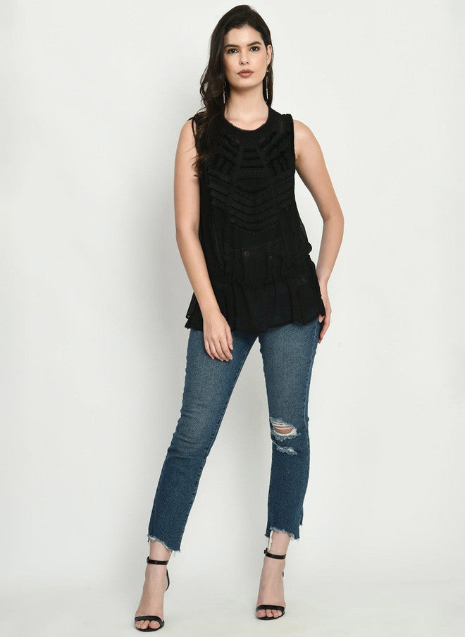 Pretilly Black Cinched Waist Top for Women - Image 1