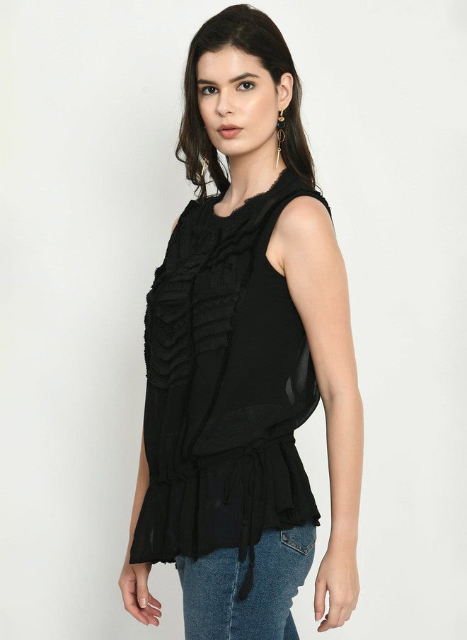 Pretilly Black Cinched Waist Top for Women - Image 5