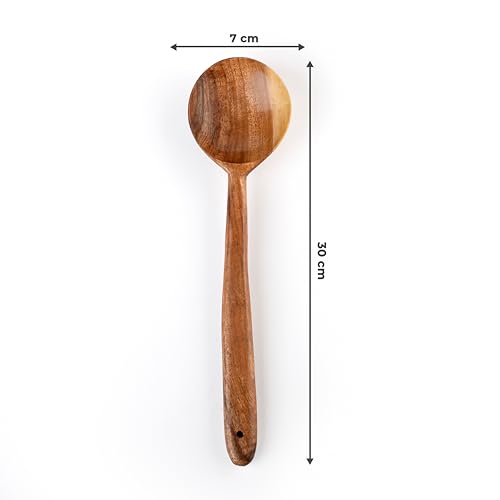 WoCra® Wooden Round-Spoon Flip-Spatula-Ladle Cooking-Serving| Premium Compact Wooden Kitchen Tools | Natural Handmade Neem Wood Spoon for Nonstick Cookware |30 cm Size |1 Piece - Image 4