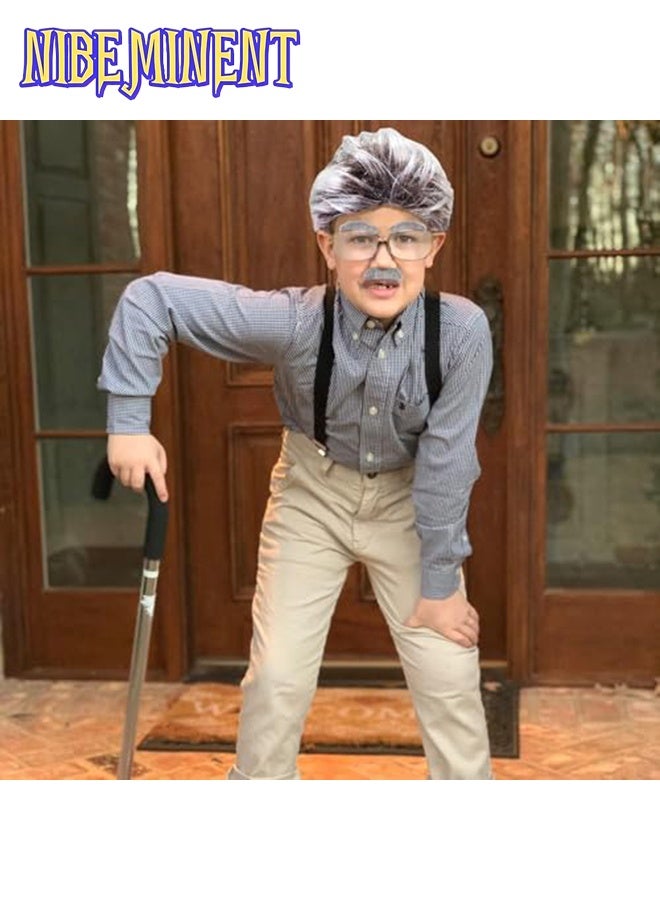 NIBEMINENT Old Man Costume, Funny Old Person Grandpa Cosplay Party Dress, Old Man Costume Mad Scientist Wig Set, with Gray Wig Moustache Eyebrows Glasses, for 100th Day of School Carnival Masquerade (Male) - Image 5