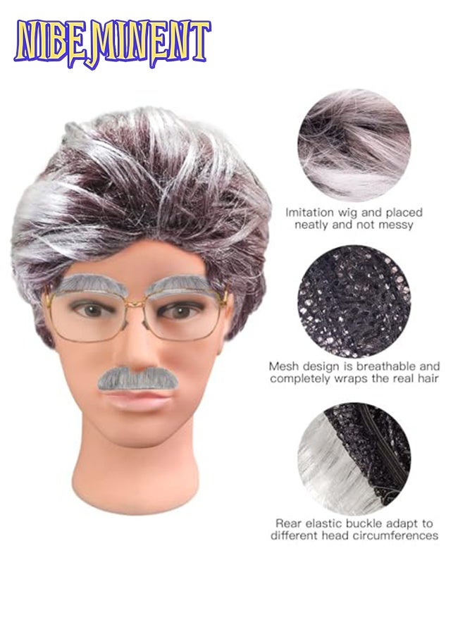 NIBEMINENT Old Man Costume, Funny Old Person Grandpa Cosplay Party Dress, Old Man Costume Mad Scientist Wig Set, with Gray Wig Moustache Eyebrows Glasses, for 100th Day of School Carnival Masquerade (Male) - Image 2
