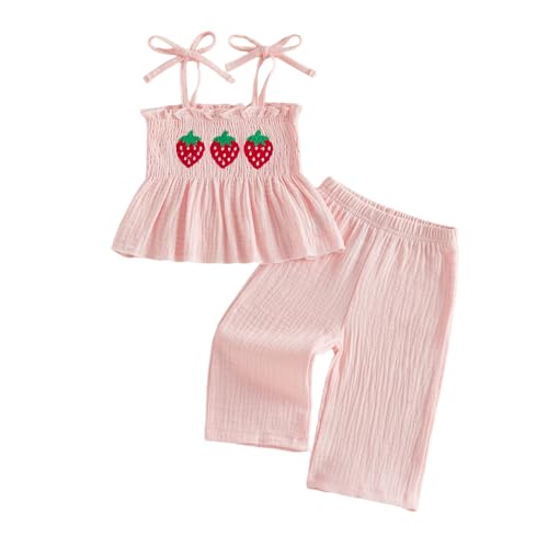 Socutebabe Toddler Baby Girl Summer Clothes Sleeveless Muslin Smocked Top Pants 6 9 12 18 Month 2 3 4 5 Year Cute Kids Outfit (Strawberry Pink, 18-24 Months) - Image 1