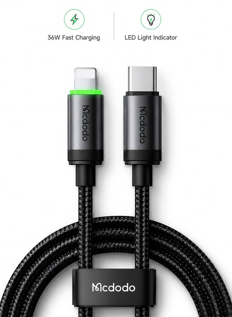 مكدودو كابل لايتنينج للشحن السريع 36 واط للآيفون 1 متر من ماكدودو – كابل USB-C إلى Lightning PD متوافق مع iPhone وiPad وأجهزة iOS مع إضاءة LED – أسود - Image 1