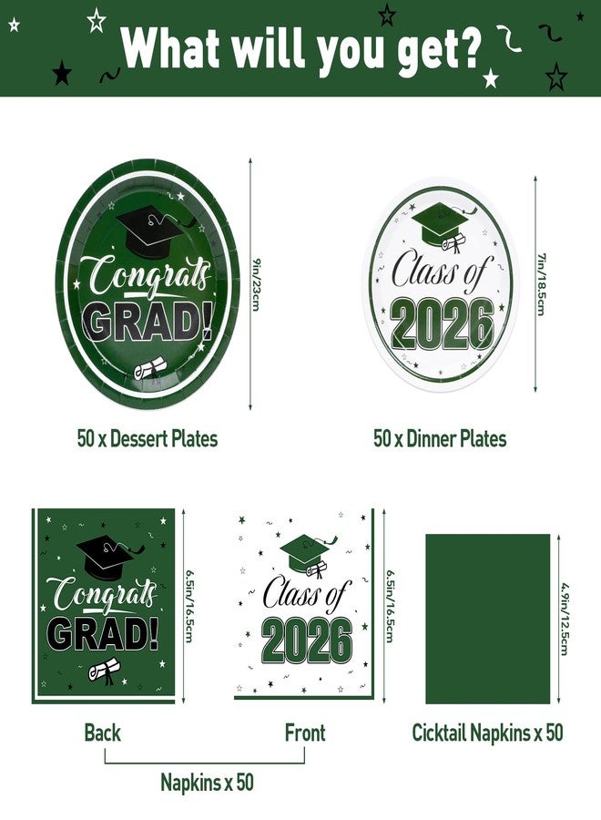 Ohkishly Graduation Plates and Napkins 2026 Green Class of 2026 Grad Congrats Party Supplies Includes Grad Plates,Dessert Plates,Napkins for Congrats Grad Party, Serve 50 - Image 2