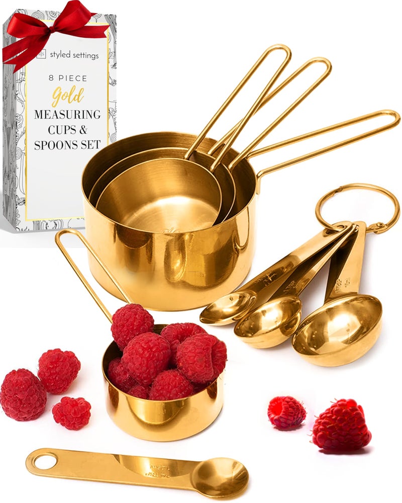 styled settings طقم أكواب وملاعق قياس ذهبية من ستايلد سيتينغز - طقم قياس نحاسي مكون من 8 قطع قابلة للتكديس - ملحقات مطبخ أنيقة وقوية للخبز والطهي - Image 1