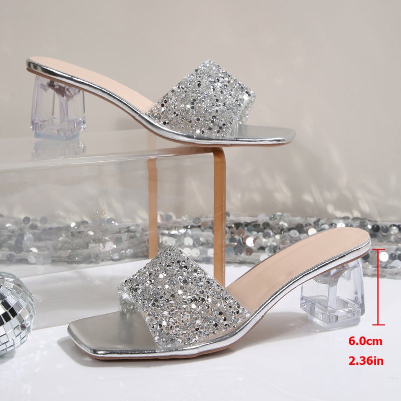High Heels Womens Slippers Summer Outer Wear Fashion 2025 New Rhinestone One-Line Sandals Womens Large Size 41 to 42 Silver - Image 1