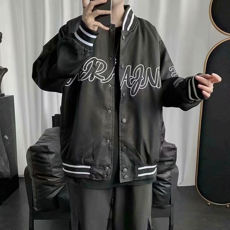 American retro loose black jacket baseball jacket Womens Spring and Autumn 2023 new popular oversize top Thin black jacket 