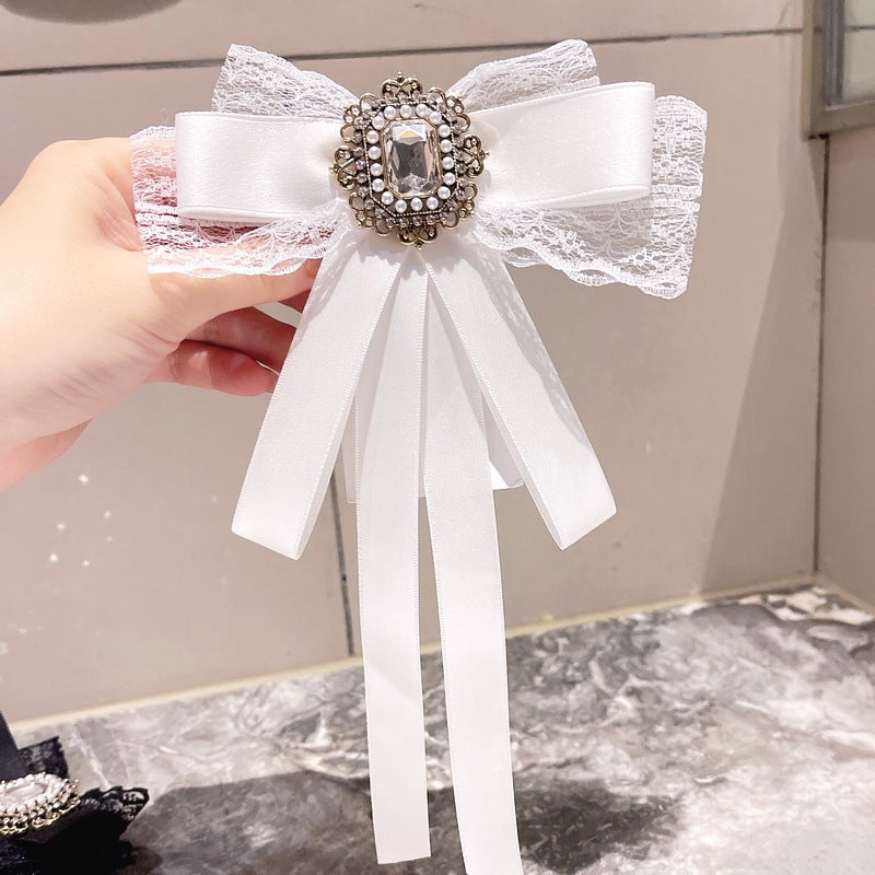 South Korea Fragrant Style Bow Tie Lace Ribbon Bow with Pin Shirt Collar Accessories Rhinestone Collar Flower Pin Women White