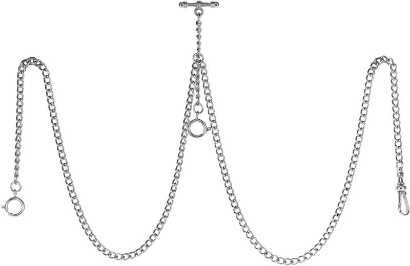TREEWETO Pocket Watch Double Albert Chain T-Bar Watch Chain Link 16 inch 3 Hooks Bronze/Silver/Gold/Black Classic Antique Fob T Bar - Image 1