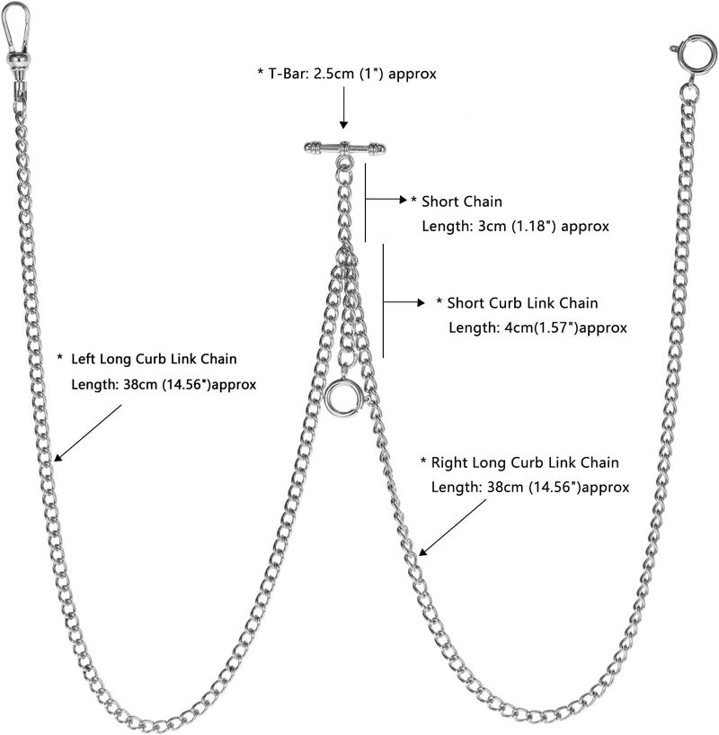TREEWETO Pocket Watch Double Albert Chain T-Bar Watch Chain Link 16 inch 3 Hooks Bronze/Silver/Gold/Black Classic Antique Fob T Bar - Image 2