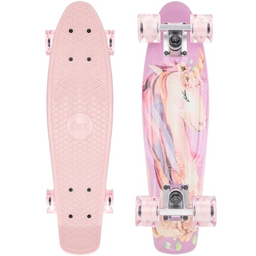 KMX 22" Skateboard for Girls, Beginner Mini Cruiser Skateboard for Kids Ages 6-12, Skate Board for Kids Penny Board Led Light up Wheels(Pink Unicorn Cute) - Image 1