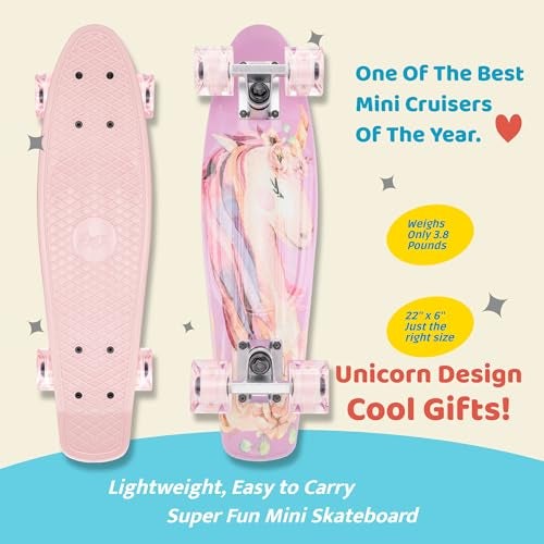 KMX 22" Skateboard for Girls, Beginner Mini Cruiser Skateboard for Kids Ages 6-12, Skate Board for Kids Penny Board Led Light up Wheels(Pink Unicorn Cute) - Image 4