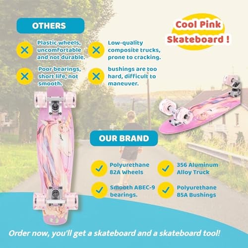 KMX 22" Skateboard for Girls, Beginner Mini Cruiser Skateboard for Kids Ages 6-12, Skate Board for Kids Penny Board Led Light up Wheels(Pink Unicorn Cute) - Image 5
