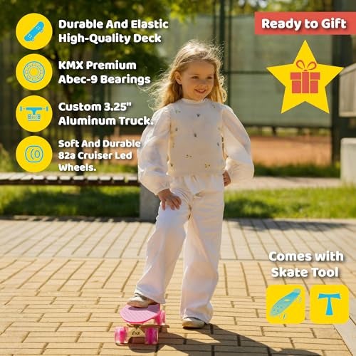 KMX 22" Skateboard for Girls, Beginner Mini Cruiser Skateboard for Kids Ages 6-12, Skate Board for Kids Penny Board Led Light up Wheels(Pink Unicorn Cute) - Image 3