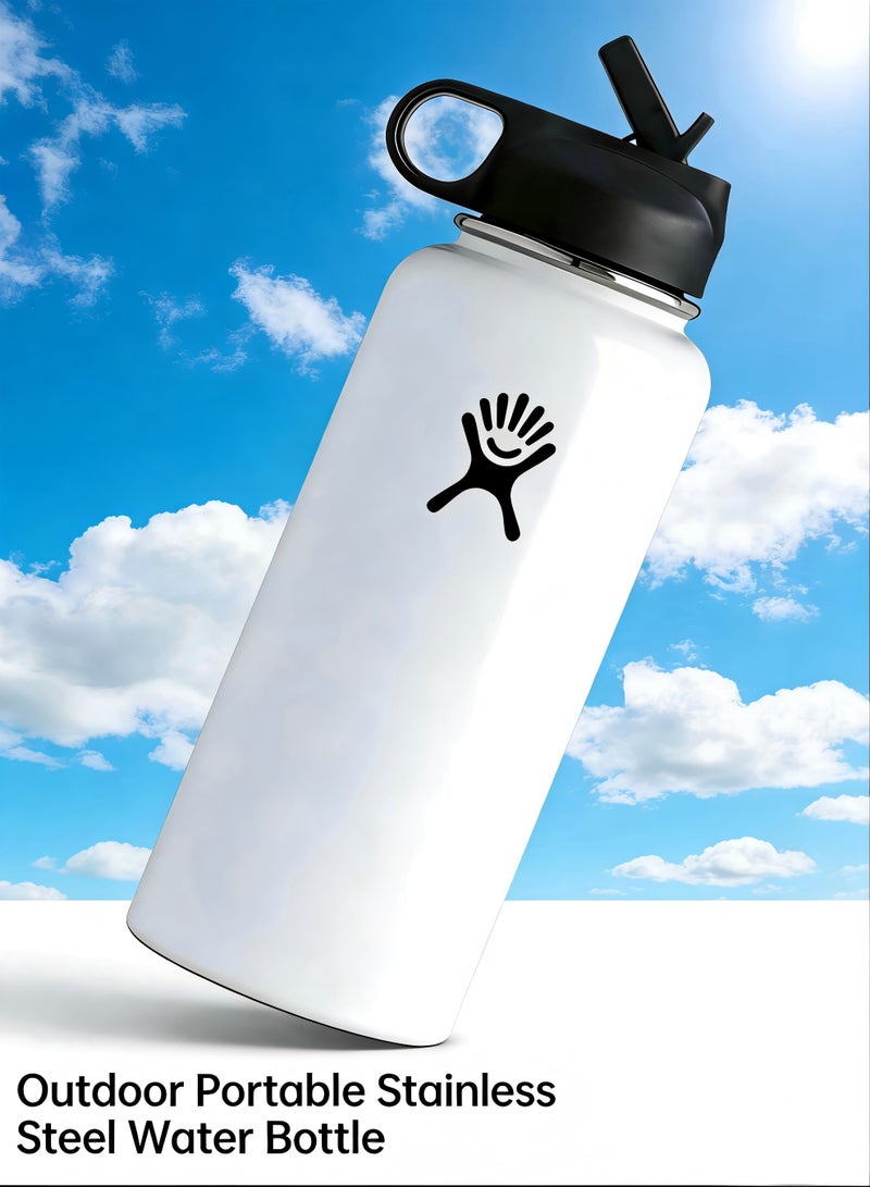 هايدرو فلاسك فراغ معزول زجاجة مياه الفولاذ المقاوم للصدأ فم واسع مع غطاء القش (أبيض، 32 أوقية) - Image 1