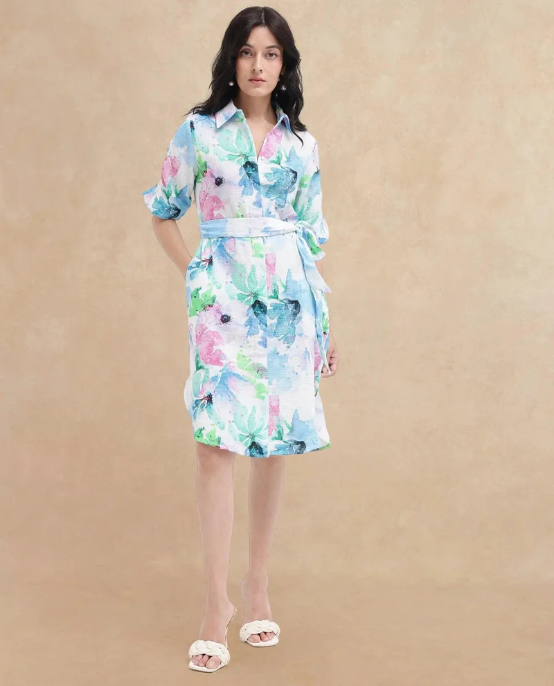 Rareism Women's Floral Print Longline Collared Dress