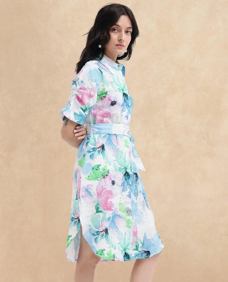 Rareism Women's Floral Print Longline Collared Dress