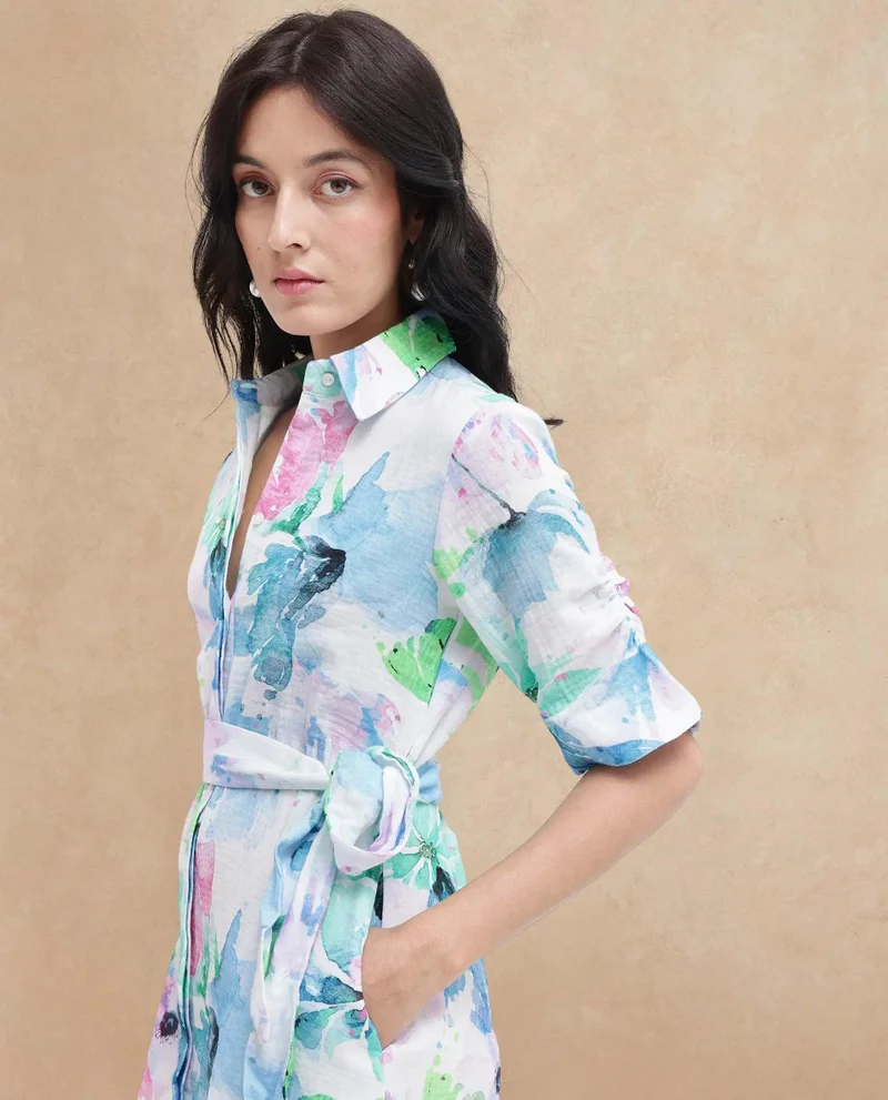 Rareism Women's Floral Print Longline Collared Dress
