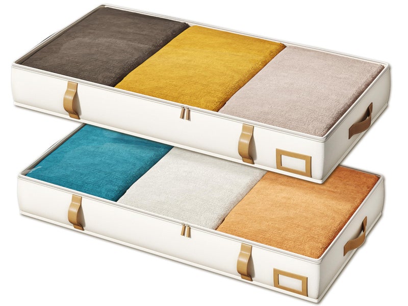 Vailando Under Bed Storage Containers Foldable Storage Bins for Blankets Comforter and Seasonal Clothing 6 Inches Tall Beige with Brown Leather Handles 2Pack