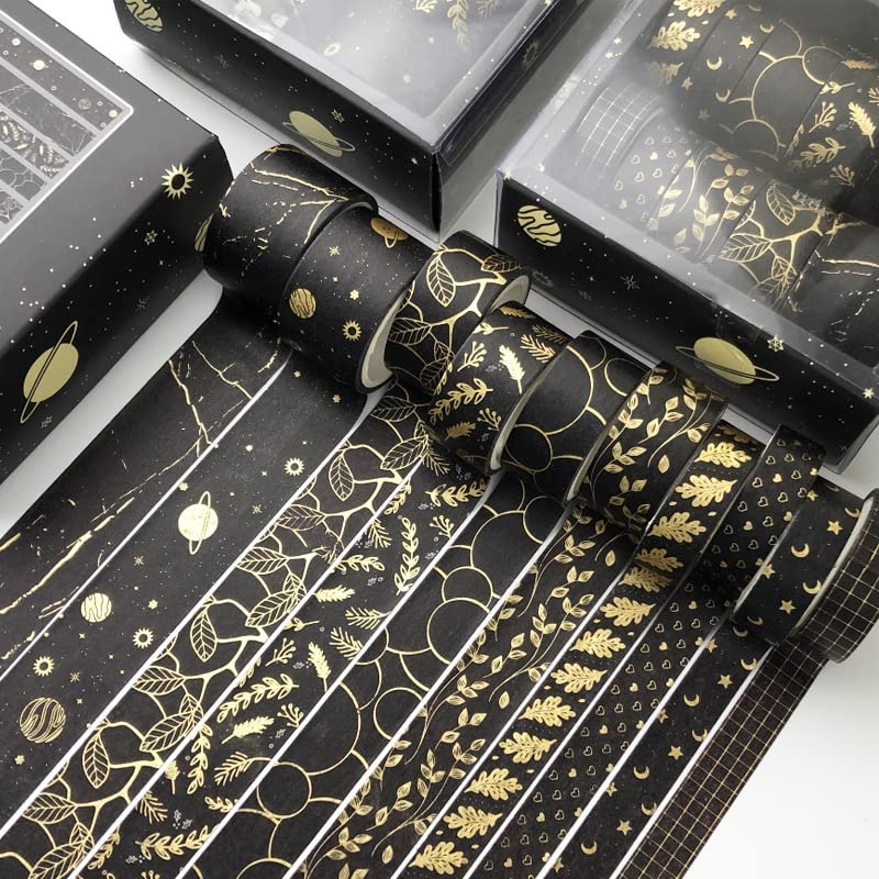 Lakeer Lakeer 10 Rolls Washi Tape Set Golden Foil Decorative Japanese Masking Paper Tape for Scrapbooking, Planners, Card/Gift Wrapping, DIY Decor and Craft Supplies (Black) - Image 1