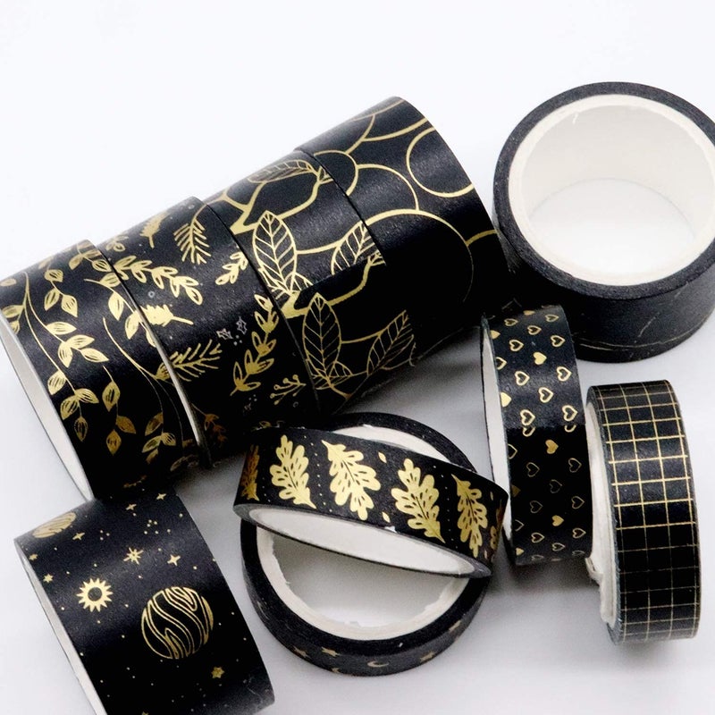 Lakeer Lakeer 10 Rolls Washi Tape Set Golden Foil Decorative Japanese Masking Paper Tape for Scrapbooking, Planners, Card/Gift Wrapping, DIY Decor and Craft Supplies (Black) - Image 5
