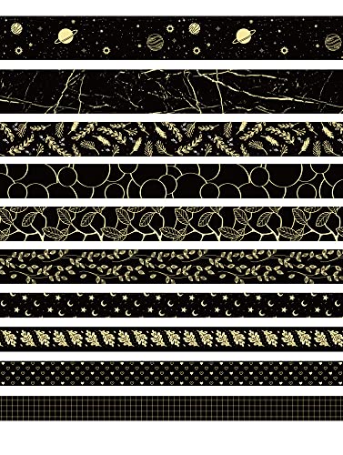 Lakeer Lakeer 10 Rolls Washi Tape Set Golden Foil Decorative Japanese Masking Paper Tape for Scrapbooking, Planners, Card/Gift Wrapping, DIY Decor and Craft Supplies (Black) - Image 2