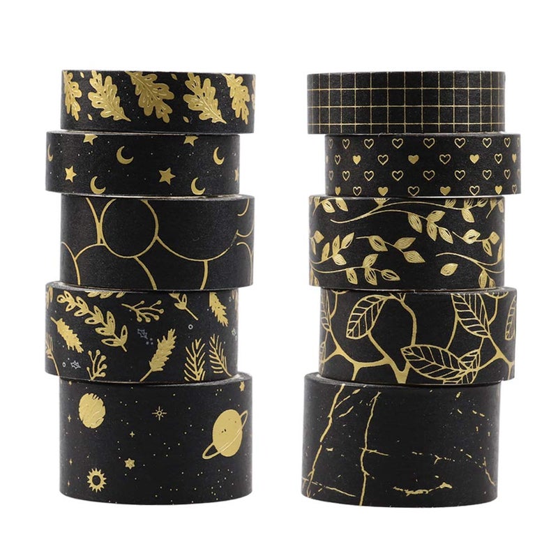 Lakeer Lakeer 10 Rolls Washi Tape Set Golden Foil Decorative Japanese Masking Paper Tape for Scrapbooking, Planners, Card/Gift Wrapping, DIY Decor and Craft Supplies (Black) - Image 4