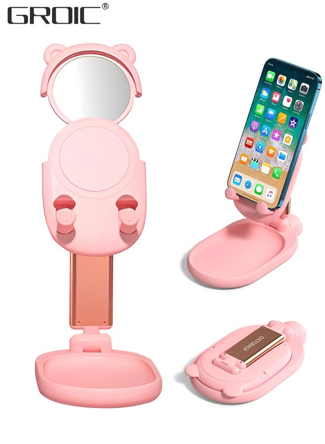 GROIC Foldable Cell Phone Stand for Desk, with Makeup Mirror 2 in 1 Portable Phone Holder Adjustable Angle Height Cellphone Cradle Desktop Dock  - Image 1