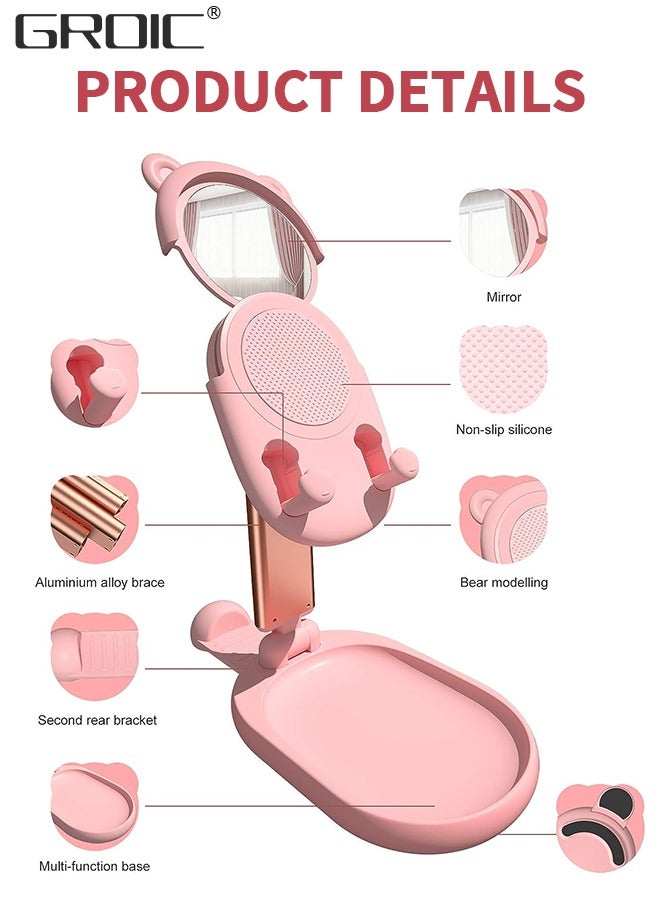 GROIC Foldable Cell Phone Stand for Desk, with Makeup Mirror 2 in 1 Portable Phone Holder Adjustable Angle Height Cellphone Cradle Desktop Dock  - Image 3