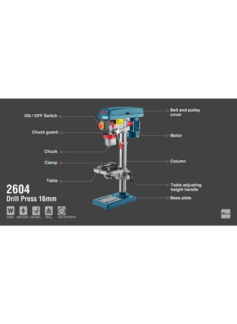 RONIX Drill Press 550W 16mm, 16-Speed 2770RPM, Cast Iron Table, German Engineering #Ronix 2604 - Image 4