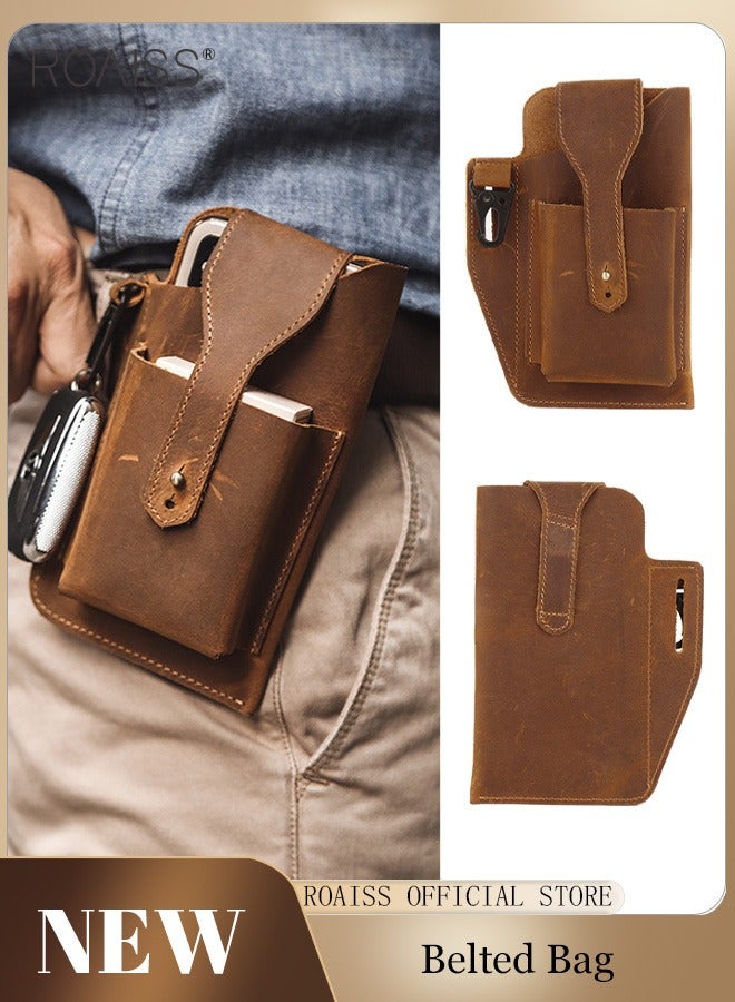 roaiss Men'S Retro Leather Waist Bag Leather Mobile Phone Bag Sports Tactics Waist Bag Belt Bag  - Image 1
