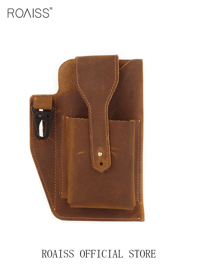roaiss Men'S Retro Leather Waist Bag Leather Mobile Phone Bag Sports Tactics Waist Bag Belt Bag  - Image 5