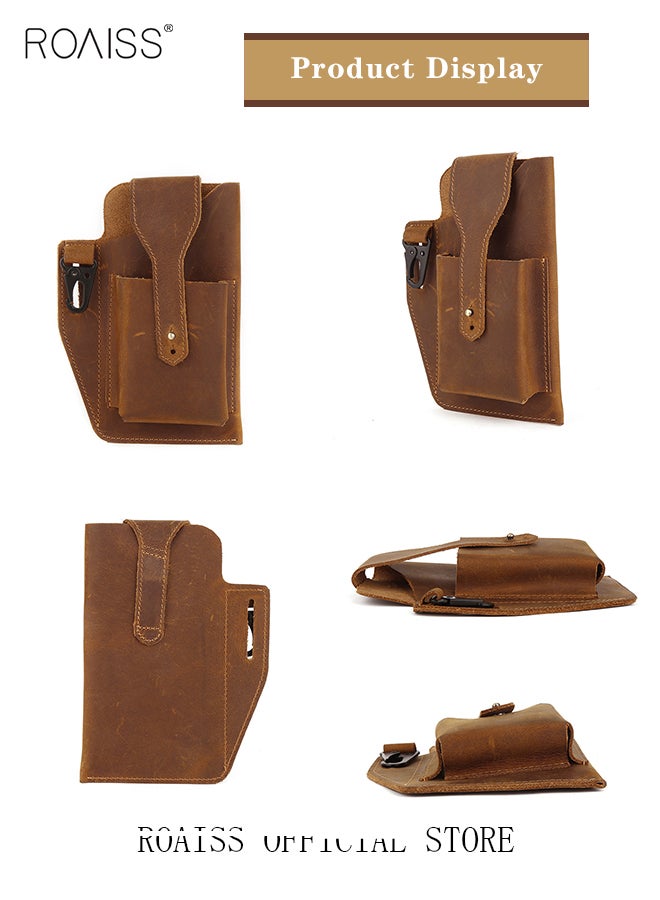 roaiss Men'S Retro Leather Waist Bag Leather Mobile Phone Bag Sports Tactics Waist Bag Belt Bag  - Image 2
