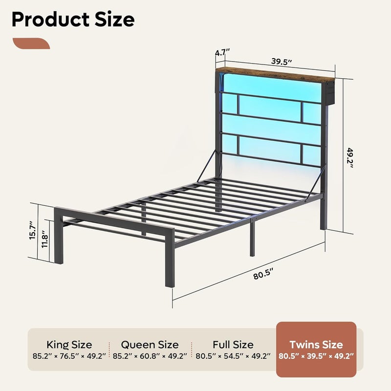 Bestier Modern Single Size Twin Bed Frame with High Storage Headboard and Shelf, 100X204cm Heavy Durable Metal Platform Bed Frame with 2 Side Pockets Suitable for Bedrooms, Black, Noise Free - Image 2