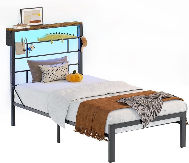 Bestier Modern Single Size Twin Bed Frame with High Storage Headboard and Shelf, 100X204cm Heavy Durable Metal Platform Bed Frame with 2 Side Pockets Suitable for Bedrooms, Black, Noise Free - Image 4
