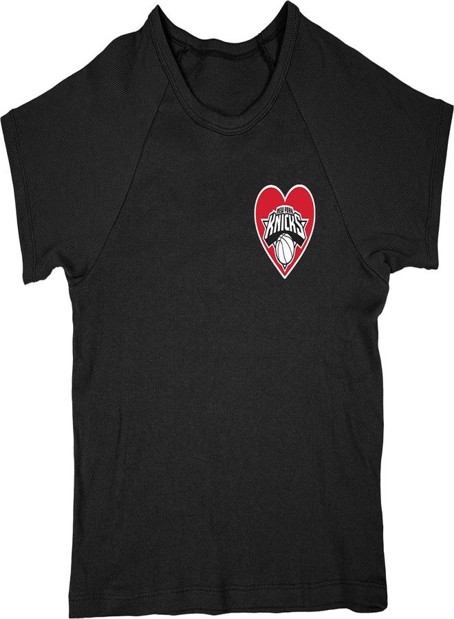 Blue 84 New York Knicks NBA Officially Licensed Women's Baby Rib T-Shirt Heart, Medium Black - Image 2