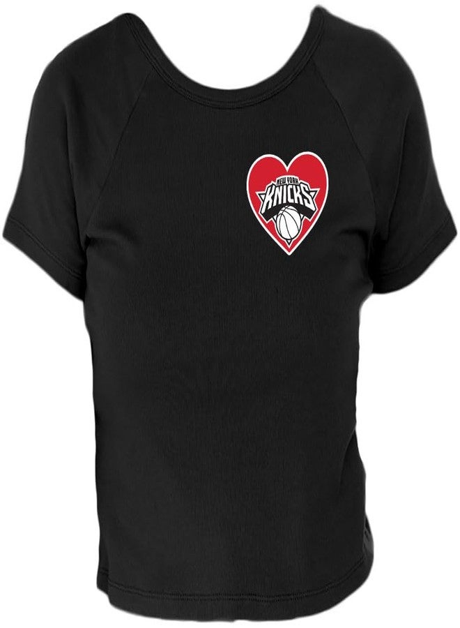 Blue 84 New York Knicks NBA Officially Licensed Women's Baby Rib T-Shirt Heart, Medium Black - Image 3
